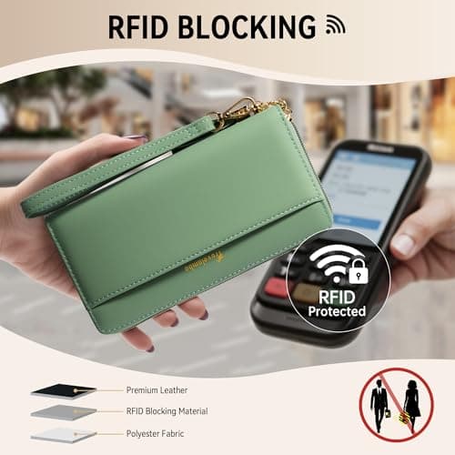 Travelambo Womens Wallet Tassel Bifold Ladies Clutch Wristlet Wrist strap Long Purse (Access Green Blooming) — view 3