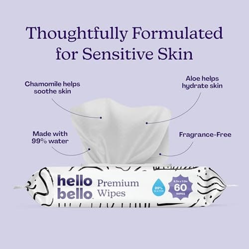 Hello Bello Premium Wipes, Designed for Sensitive Skin with Chamomile & Aloe Extracts, Playful Sketches (9 Resealable Packets = 540 Total Wipes)