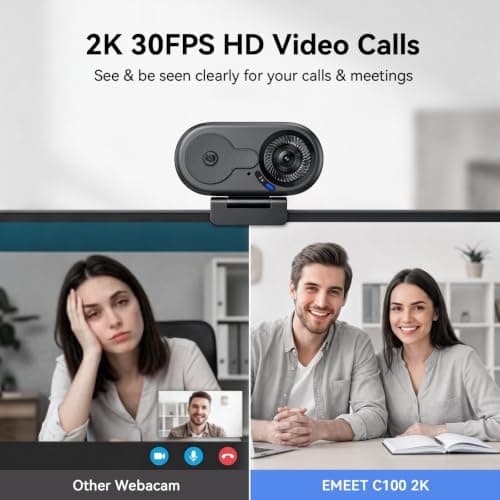 EMEET C100 2K Webcam for PC, Built-in Mic, Rotating Privacy Cover, Portable Metal Clip, Computer Camera for Home Office, Meetings, Learning, Streaming, External Webcam for Desktop, Laptop, PC USB-A