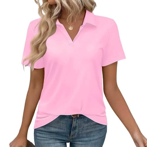 Women's Golf Shirts Short Sleeve Polos Collared Tennis T Shirt Dressy Casual V Neck Business Tunic Top Summer Tshirt Pink