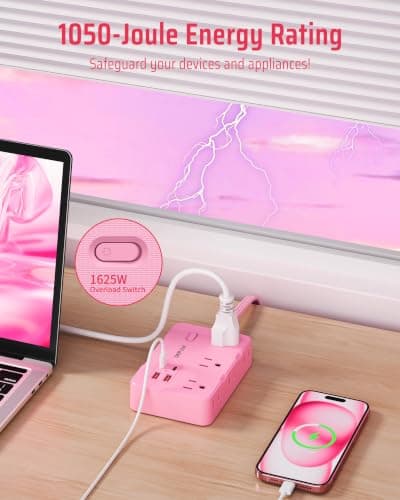 DEPOW Pink Power Strip, 5FT Extension Cord with 6 AC Outlets（1625W/13A 4 USB Ports (2 USB C), 1050J Surge Protector, Flat Plug Wall Mountable Charging Station for Dorm Room Desk Bedroom Kawaii Decor — view 5