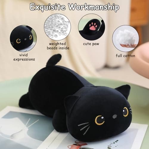 SQEQE Weighted Black Cat Stuffed Animals, Weighted Black Cat Plush, Cute Plushies Toy Gift for Kids Adults(9.8 Inch, 0.8 Lbs)
