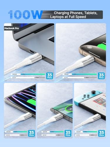 USBC to USBC 100W [10ft/2 Pack] USB C to USB C Fast Charging Cable Braided C to C Charger Cord 5A for MacBook Pro/Air, iPhone 15 Pro Max Plus,iPad Pro,Samsung Galaxy S24 Ultra S23,Pixel,PS5,Switch — view 2