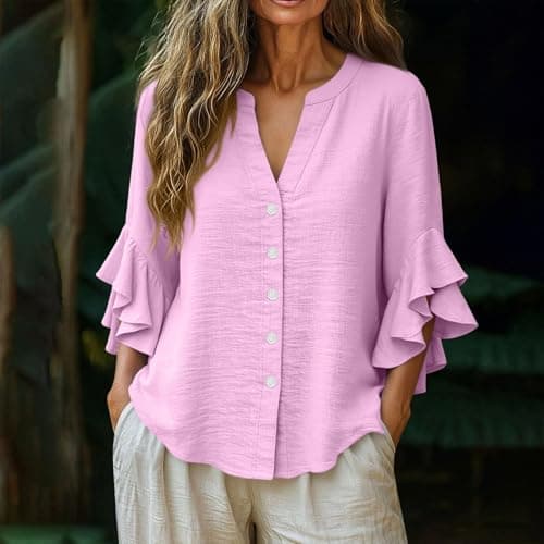 3/4 Ruffle Sleeve Cotton Linen Shirts for Women Dressy V Neck Beach Tunic Tops Elegant Summer Casual Work Blouses Hot Pink