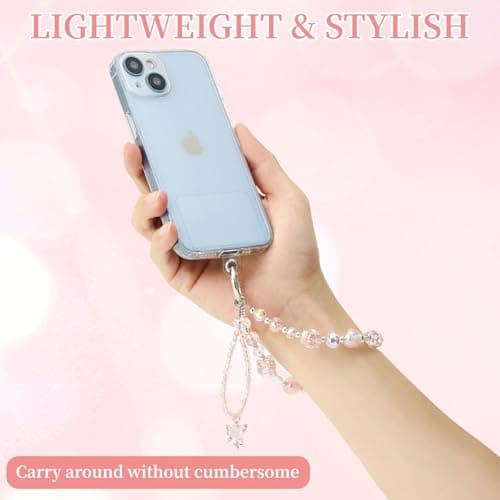 WOZEAH Butterfly Phone Charm for Women, Crystal Beaded Wrist Strap Lanyard with Tether Tab – Anti-Theft Hands-Free Detachable Phone Chain Wristlet（Star Butterfly Pendant）