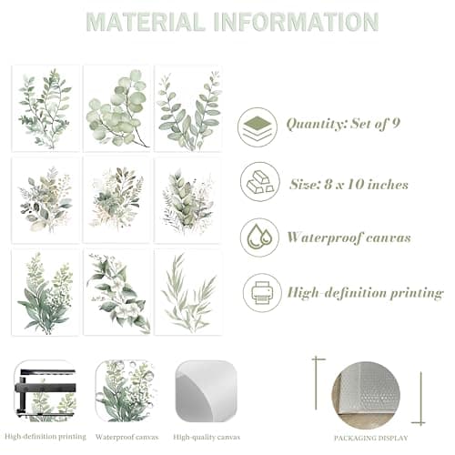 Sage Green Wall Art Set 9, Modern Watercolor Botanical Poster Prints, Unframed Eucalyptus Leaf and Minimalist Floral Picture Wall Decor for Bedroom, Bathroom and Office, 8x10 inch — view 4