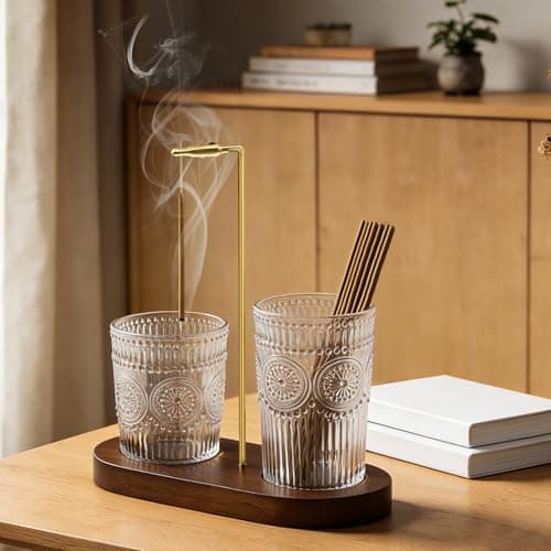 2 in 1 Incense Holder for Sticks, Vintage Glass Upside Down Incense Burner with Removable Ash Catcher & Solid Wood Base, Anti-Ash Flying Catcher for Meditation, Yoga, Spa & Home Decor- Brown — view 5