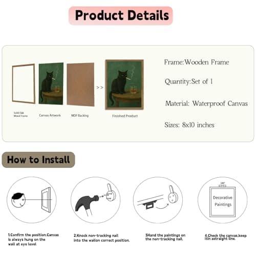 Funny Black Cat Wall Art Framed Vintage Moody Cat Canvas Prints Wall Decor Whimsical Cool Animal Paintings Pictures for Living Room Bedroom Bathroom Bar 8x10in — view 2