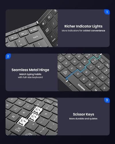 Foldable Keyboard and Mouse, Samsers Folding Bluetooth Keyboard Combo, 2.4G + BT5.0 x 2, Full-Size Portable Travel Keyboard & Rechargeable Wireless Mouse for Windows Android iOS Mac OS, Elegant Black — view 5