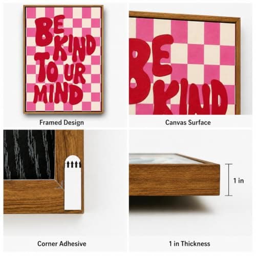 Framed“Be Kind to UR Mind”Canvas Wall Art,Pink Preppy Inspirational Painting Picture Wall Decor,Fashion Girly Poster Print Artwork,for Living Room Bedroom Girl Room Home Decoration — view 3