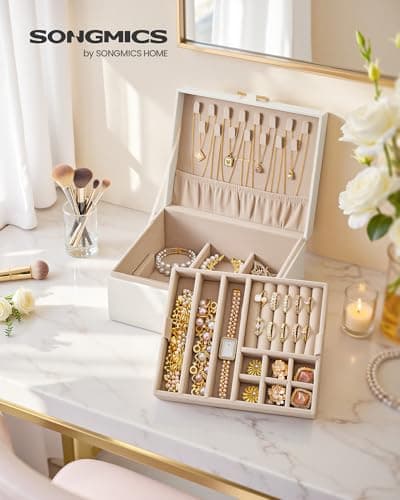 SONGMICS 2-Layer Jewelry Box Organizer, Jewelry Storage Case with Removable Tray and Handle, for Necklaces, Earrings, Rings, Bracelets, 6.7 x 8.1 x 3.7 Inches, Gift Idea, Cream White UJBC208WD01