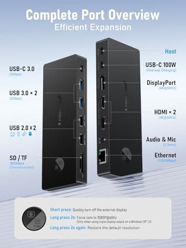 Lemorele 13-in-1 USB-C Docking Station, Triple Monitor Dock, DP 1.2 & 2×HDMI 2.0 4K@60Hz, DP DSC for 4K@30 Triple Display, 100W PD, Gigabit Ethernet, USB 3.0/2.0, SD/TF, Audio, for Windows Laptops