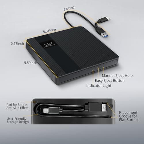 HKCMEMORY External CD/DVD Drive USB 3.0 & Type-C Slim Portable DVD Player+/-RW Disk Drive CD Burner Writer Reader CD ROM, for Laptop Desktop PC MacBook Mac Windows 11/10/8/7 Linux OS Apple — view 4