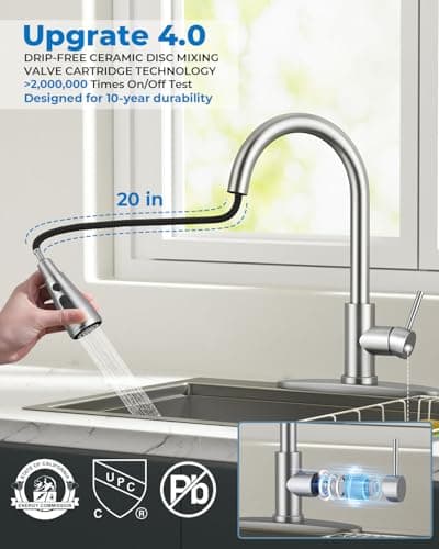 WEWE Pull-Down Kitchen Faucet with Sprayer 3 Modes, High Arc Stainless Steel with Brushed Nickel Finish, for 1 or 3 Hole Kitchen Sinks for Pot Filler, Farmhouse Bar Laundry