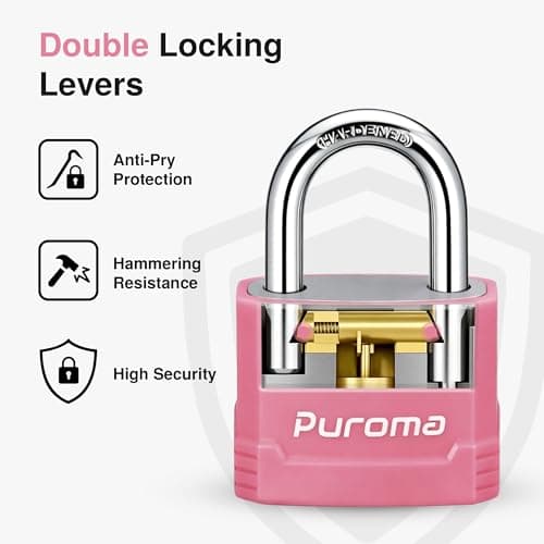 Puroma Lock Heavy Duty Keyed Padlock with 3 Keys Alike, 1-2/3 Inch Outdoor Anti-Cut Shackle Locker Lock for Gates, Fences, Sheds, Gym Lockers, Hasp Cabinets, Toolboxes (Pink, 2 Pack)