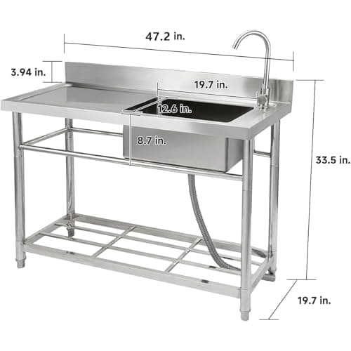 47.2" x 33.5" x 19.7" Stainless Steel Utility Sink, Freestanding Single Bowl with Hot & Cold Water Faucet & Undershelf, Commercial Kitchen Laundry Bathroom Garage Garden Sink