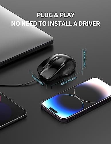 TECKNET USB Wired Mouse, 6-Button Corded Computer Mouse with 4 Adjustable DPI, Optical Computer Mice with Ergonomic Design and 5FT Cord for Laptop, Chromebook, PC, Desktop, Mac, Notebook-Black — view 2