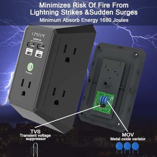 USB Wall Charger, Surge Protector, QINLIANF 5 Outlet Extender with 4 USB Charging Ports(2U2C) 3-Sided 1680J Power Strip Multi Plug Outlets Wall Adapter Spaced for Home Travel Office,Black — view 5