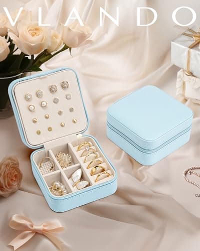 VLANDO Travel Jewelry Case, Bridesmaid Gift for Women - Small Travel Jewelry Box for Girls Women - Blue — view 4
