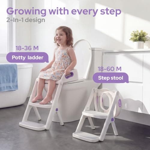 lalalark Potty Training Seat, 2-in-1 Toddler Toilet Seat with Steps, Upgrade Potty Step Stool for Toddler with Anti-slip Pad Step Stool, Extended Splash Guard, Foldable Potty Ladder Boys Girls, Purple