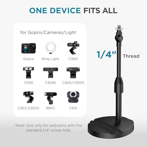 InnoGear Webcam Mount for Desk, Table Telescopic Webcam Stand with Phone Holder for Camera Webcam C922 C930e C920S C920 C615 C960 C920x BRIO 4K NexiGo N60, Right Light, GoPro with 1/4" Thread — view 5