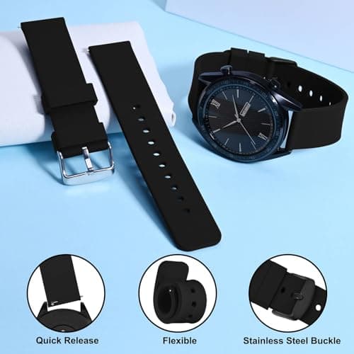 WOCCI 22mm Silicone Watch Band, Quick Release Rubber Replacement Strap with Black Stainless Steel Buckle (Black) — view 2