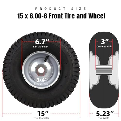 AR-PRO (2-Pack) 15 x 6.00-6 Front Tire and Wheel Assembly for Riding Mower Lawn Tractor, 3" Centered Hub, 3/4" Sintered Iron Bushings, 4Ply Pneumatic with Turf Tread