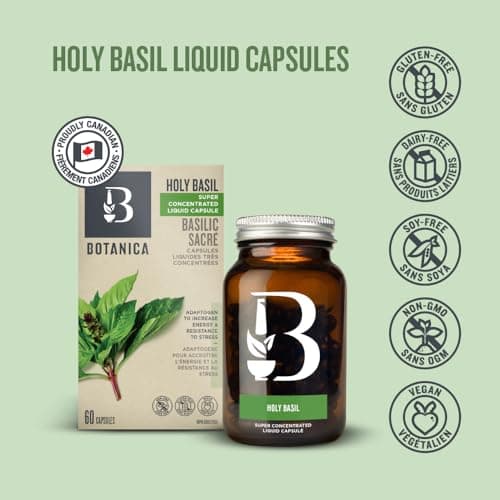 Botanica Holy Basil Liquid Capsules, Helps Increase Energy & Reduce Stress, Antioxidant Properties, Whole Herb Formula, Non-GMO, Vegan and Gluten Free, 60 Capsules, 30 day supply