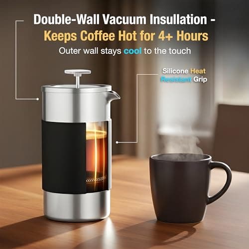 Small French Press Coffee Maker Set - 12 oz | Portable Travel French Press Coffee Maker | Double Wall Insulated with Dual Stainless Filters & 2 Steel Canisters for Grounds, Tea, Creamer & Sugar — view 5