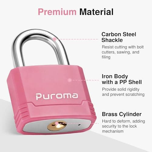 Puroma Lock Heavy Duty Keyed Padlock with 3 Keys Alike, 1-2/3 Inch Outdoor Anti-Cut Shackle Locker Lock for Gates, Fences, Sheds, Gym Lockers, Hasp Cabinets, Toolboxes (Pink, 2 Pack) — view 3