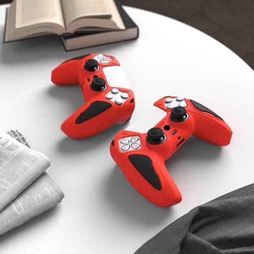 PlayVital Knight Edition Passion Red & Black Two Tone Anti-Slip Silicone Cover Skin for ps5 Controller, Soft Rubber Case for ps5 Wireless Controller with Thumb Grip Caps