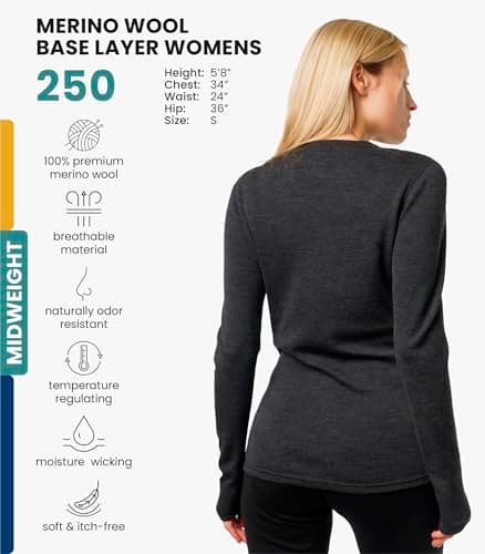 Merino.tech 100% Merino Wool Base Layer Women Shirt & Socks - All-Season (Large, Charcoal Grey 250)