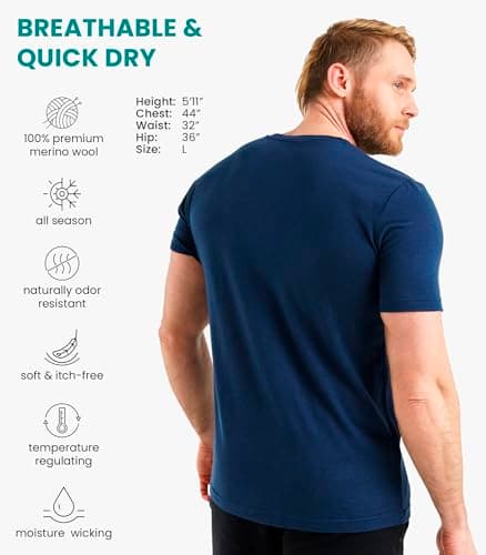 Men's Merino Wool Tee Lightweight Base Layer Undershirt (X-Large, Navy)