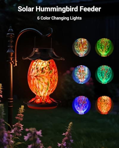 HouseSapp Solar Hummingbird Feeder - 49 fl.oz Hand Blown Glass Color Changing - 7 Feeding Ports with Perch - Never Leak - Perfect Hummingbird Feeder for Outdoors Hanging (Red)