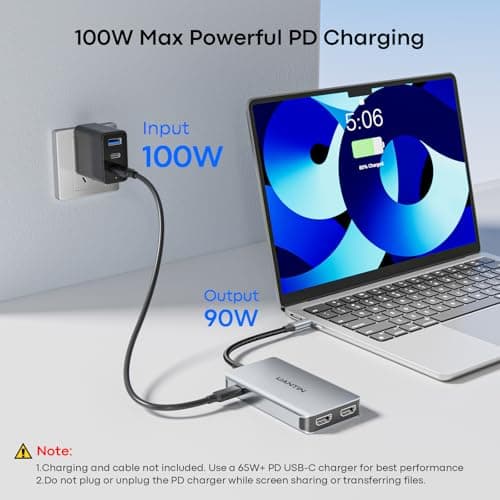 UANTIN 6-in-1 USB C Hub, Type C to Dual HDMI Adapter 4K@60Hz, HDMI Splitter Extended Display for Dual Monitor with 100W PD Port, USB 2.0, Dual Monitor Adapter for Dell XPS, HP, MacBook Neo/Air/Pro — view 3