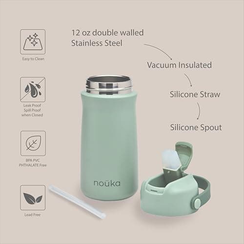 noüka Kids Water Bottle with Silicone Spout and Silicone Straw | Insulated Stainless Steel | BPA-Free | Moss | 12 Oz