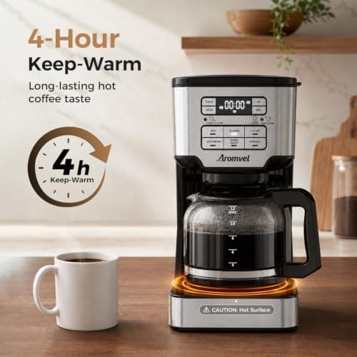 Aromvel 12-Cup Drip Coffee Maker Programmable, Coffee Machine with Glass Carafe, Adjustable Brew Strength, 24-Hour Delay Brew & 4-Hour Keep Warm, 1-4 Cup/Classic/Rich Coffee Brewer for Home Office — view 3