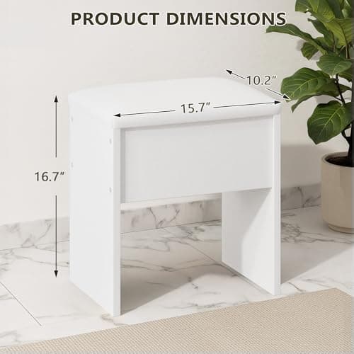 LIVELYGLOW Small Makeup Vanity Stool,15.7" W x 10.2" D x 16.7" H，White（Easy Assembly,PU Cushion Mat, Footstool） — view 3
