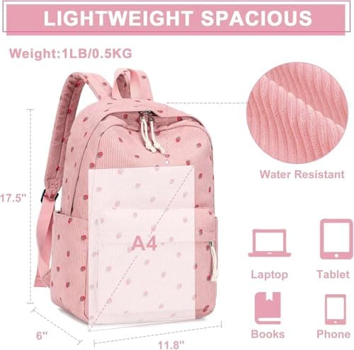 Bluboon Backpack for School Girls Backpack Cute Corduroy Bookbag Kids Backpack Laptop Backpack Gifts for Women, Corduroy Strawberry Pink, Classic