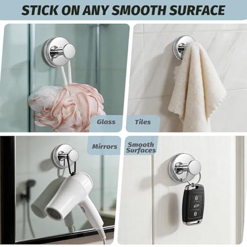 warlve Large 15lb Suction Cup Hooks for Shower, No-Drill Bathroom Towel Hooks for Robes, Loofah, Removable Mountable on Glass, Tile, Mirrors, Smooth Non-Porous Surfaces(2, Chrome Polished) — view 3