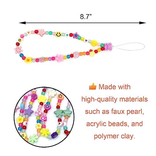 BlingKingdom Colourful Phone Accessories Charm String Beads Lanyard iPhone Wrist Strap Anti-Lost Phone Chain Smiley Face Evil Eye Flower Fruit Star Beaded Mobile Phone Charms Bracelet Phone Keychain