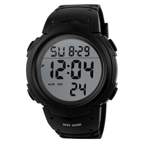 PASOY Unisex Simple Outdoor Sports Watch Big Dial Digital Light Swim Waterproof Rubber Band Alarm Black LED Watches for Mens and Women 50MM