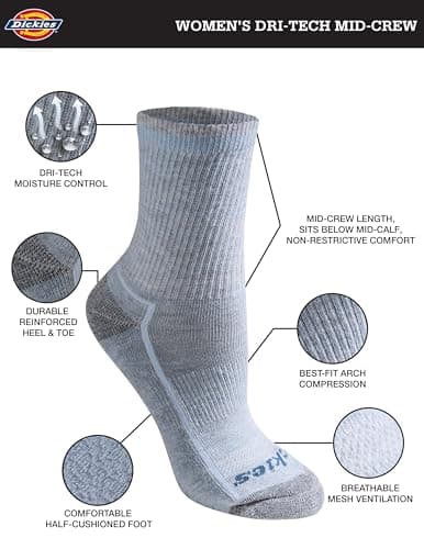 Dickies Women's Dri-Tech Advanced Moisture Wicking Mid-Crew Socks, Available in M-L (6,12 Pairs), Blue Assorted (6 Pairs), Medium — view 2