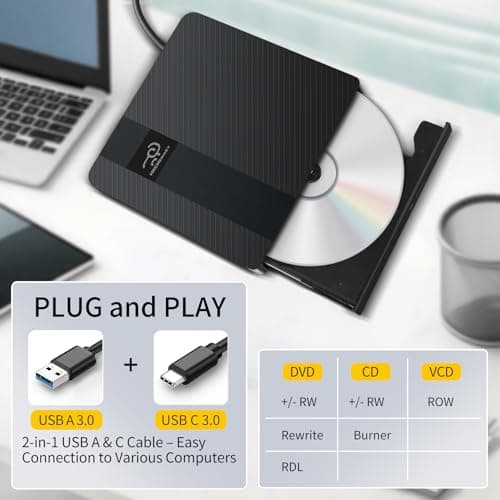 HKCMEMORY External CD/DVD Drive USB 3.0 & Type-C Slim Portable DVD Player+/-RW Disk Drive CD Burner Writer Reader CD ROM, for Laptop Desktop PC MacBook Mac Windows 11/10/8/7 Linux OS Apple