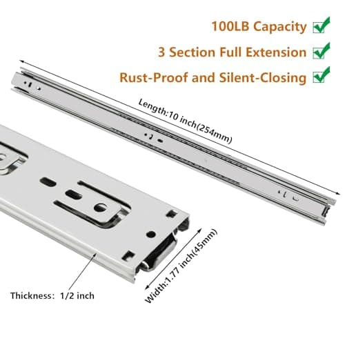 LONTAN Heavy Duty Full Extension Ball Bearing Drawer Slides 10 Inch 1 Pair Side Mount File Cabinet Rails Dresser Runner Kitchen Cabinet Drawer Glides 100 LB Capacity