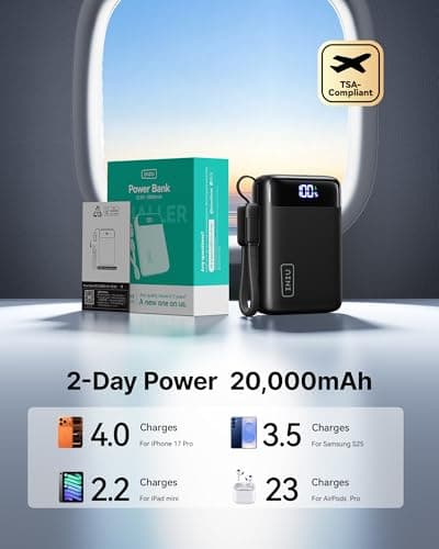 INIU Smallest 20000mAh Power Bank, 22.5W PD Fast Charging Portable Charger with Detachable Cable, Flight-Safe Battery Pack with LED Display for Travel Xiaomi iPhone Samsung Google, Mini Size, Black — view 4