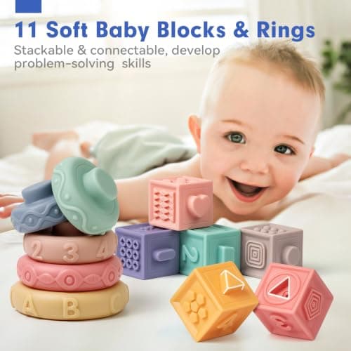 Baby Sensory Teething Toys Set, Montessori Baby Toys 6-12 Months, Incl Newborn Rattle Teether & Baby Blocks & Soft Stacking Rings, Ideal Babies Boy Girl Gifts, Infant Toys 0-3-6-9-12-18 Month — view 5