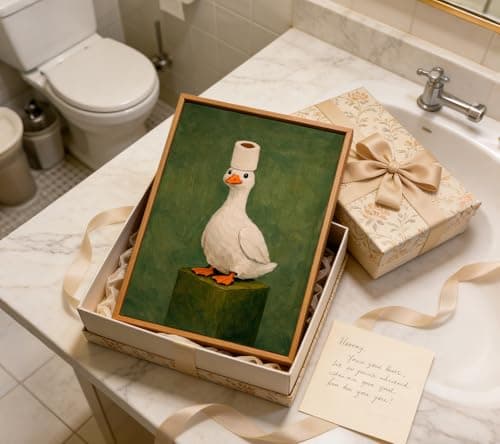 Framed Funny Bathroom Canvas Wall Art, Duck and Toilet Paper Painting Picture Wall Decor, Vintage Cute Animal Toilet Poster Print Artwork for Bathroom, Washroom, Restroom Decoration 8x10in — view 5