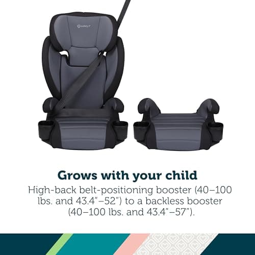 Safety 1st Grow and Go 2-in-1 Booster Car Seat with ComfortWings, Converts High-Back to Backless, 19" Wide, Slim Design, Lightweight, Foldable, Easy-Clean, Cup Holders, 40-100 lbs, Black Sand