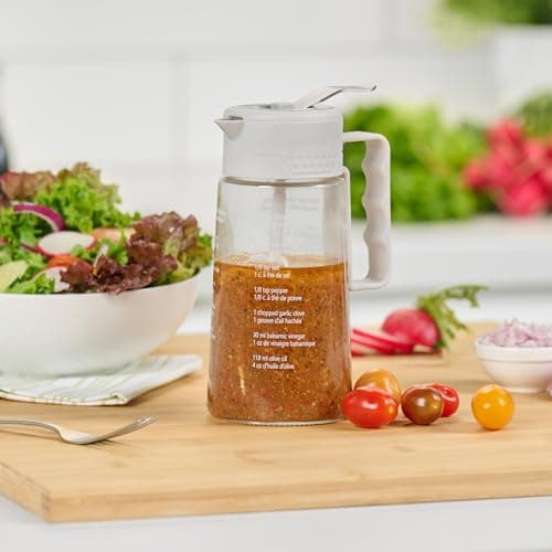 Starfrit Oil Dispenser Bottle, Glass Cruet for Cooking, Salad Dressings & Marinades, Salad Dressing Mixer, 15oz (450ml), Spring-Loaded Lever, Built-In Recipes, Salad Dressing